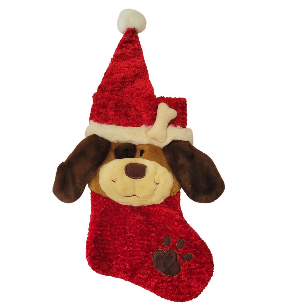 Dan Dee Vintage Christmas Stocking Red Plush Dog Puppy Bone Santa Hat Squeak Toy